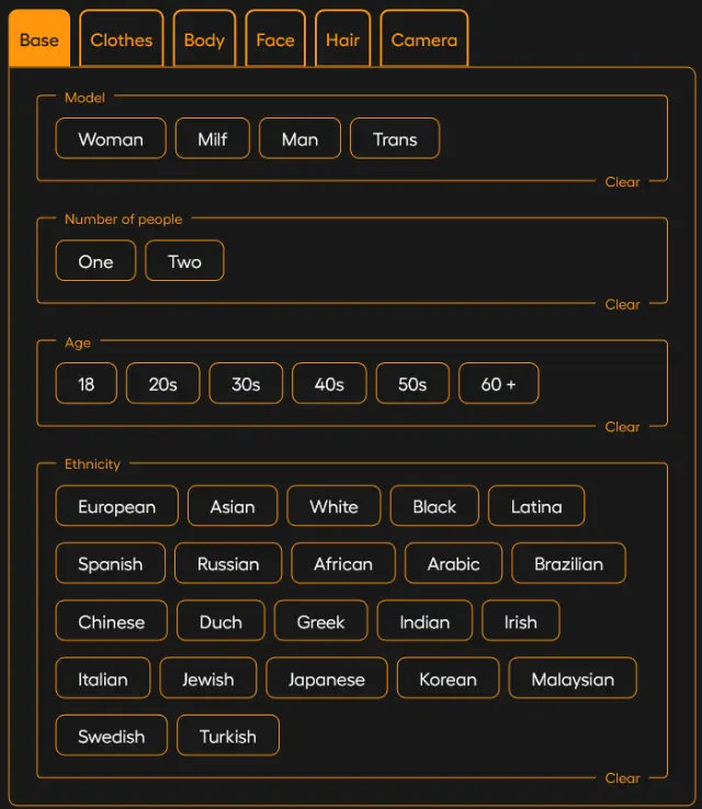 tag selection panel of a website which offers tag based image generation